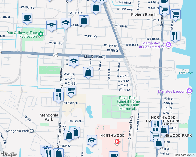 map of restaurants, bars, coffee shops, grocery stores, and more near 800 West 3rd Street in Riviera Beach