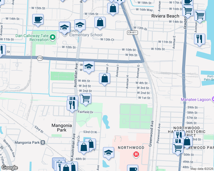map of restaurants, bars, coffee shops, grocery stores, and more near 864 West 3rd Street in West Palm Beach