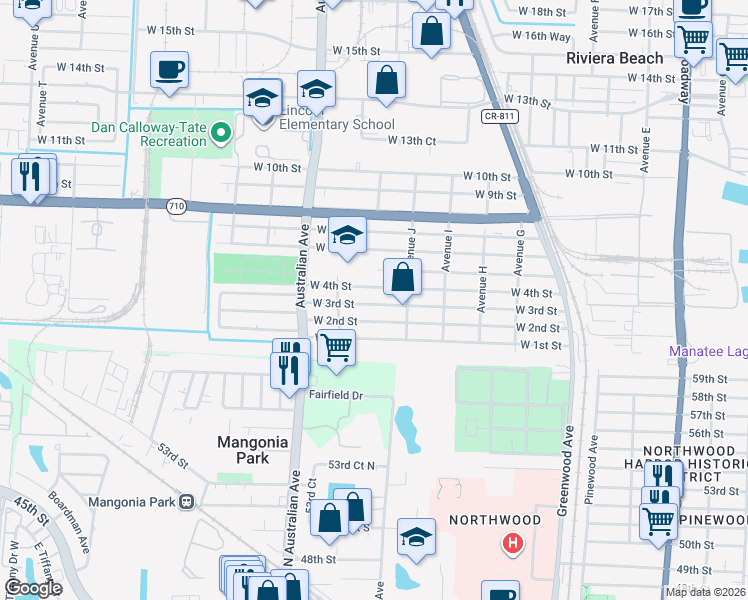 map of restaurants, bars, coffee shops, grocery stores, and more near 1000 West 3rd Street in West Palm Beach