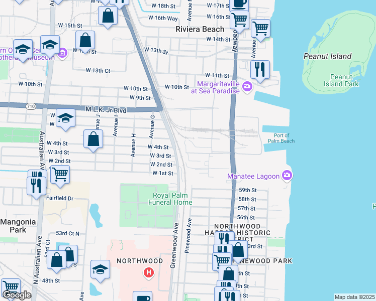 map of restaurants, bars, coffee shops, grocery stores, and more near 333 Broadway in West Palm Beach