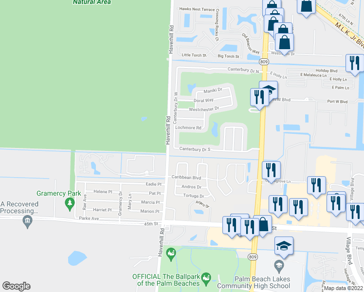 map of restaurants, bars, coffee shops, grocery stores, and more near 2560 Canterbury Drive South in Riviera Beach
