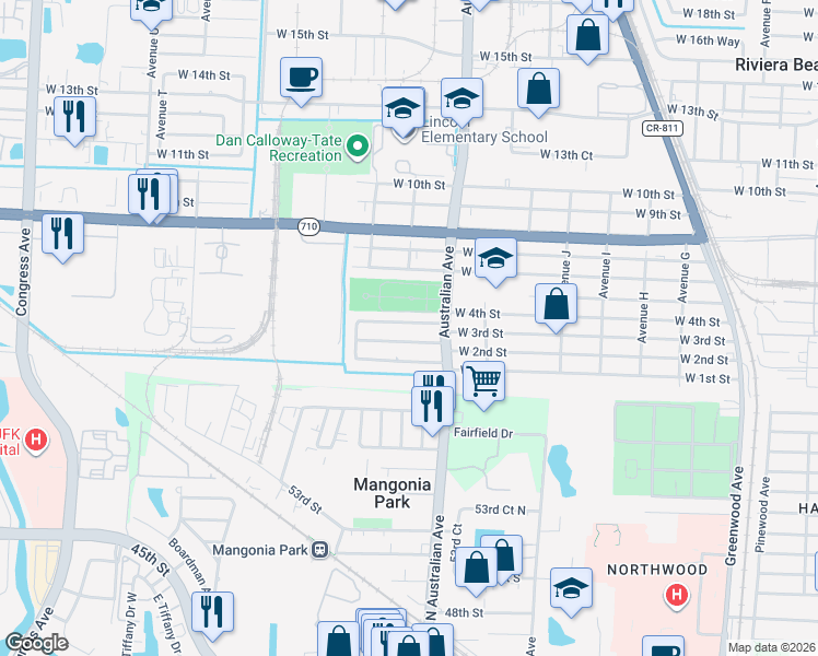 map of restaurants, bars, coffee shops, grocery stores, and more near 1231 West 3rd Street in West Palm Beach