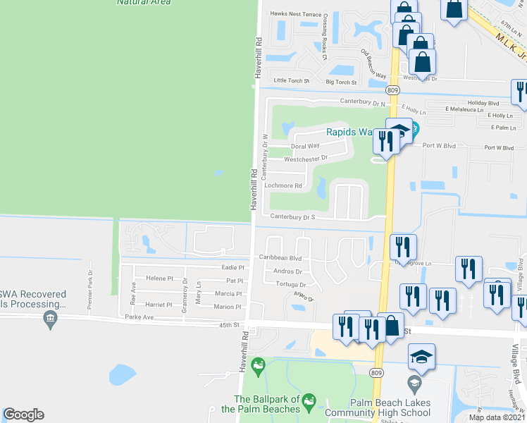 map of restaurants, bars, coffee shops, grocery stores, and more near 2560 Canterbury Drive South in Riviera Beach