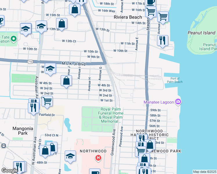 map of restaurants, bars, coffee shops, grocery stores, and more near 531 West 4th Street in West Palm Beach