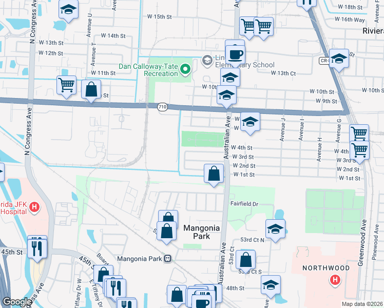 map of restaurants, bars, coffee shops, grocery stores, and more near 1340 West 2nd Street in Riviera Beach