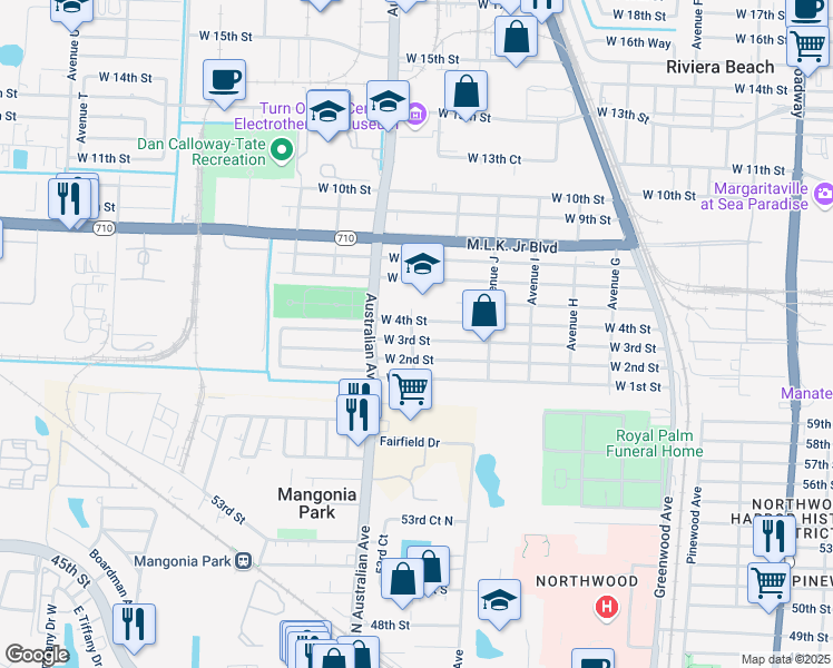 map of restaurants, bars, coffee shops, grocery stores, and more near 1070 West 3rd Street in West Palm Beach