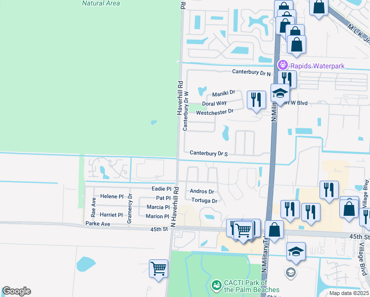 map of restaurants, bars, coffee shops, grocery stores, and more near 2560 Canterbury Drive South in Riviera Beach