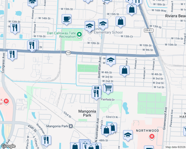 map of restaurants, bars, coffee shops, grocery stores, and more near 1231 West 3rd Street in West Palm Beach