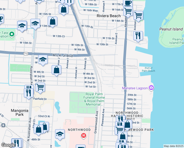 map of restaurants, bars, coffee shops, grocery stores, and more near 531 West 4th Street in West Palm Beach
