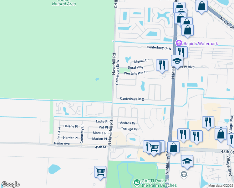 map of restaurants, bars, coffee shops, grocery stores, and more near 2560 Canterbury Drive South in Riviera Beach