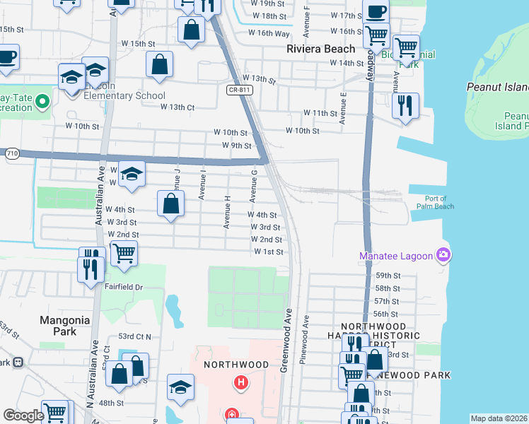 map of restaurants, bars, coffee shops, grocery stores, and more near 562 West 4th Street in Riviera Beach