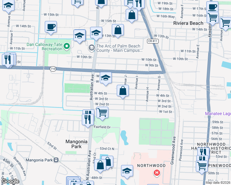 map of restaurants, bars, coffee shops, grocery stores, and more near 958 West 4th Street in West Palm Beach