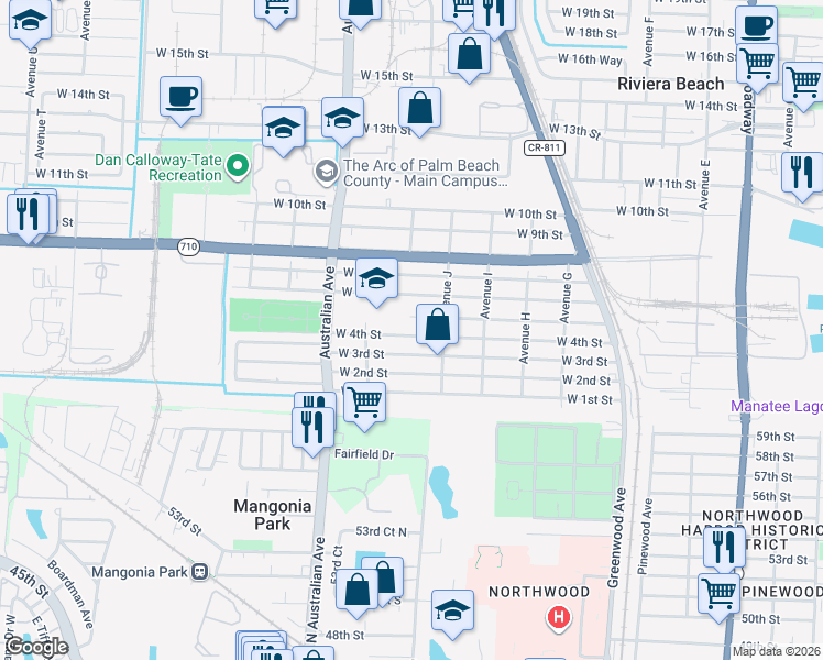 map of restaurants, bars, coffee shops, grocery stores, and more near 958 West 5th Street in West Palm Beach