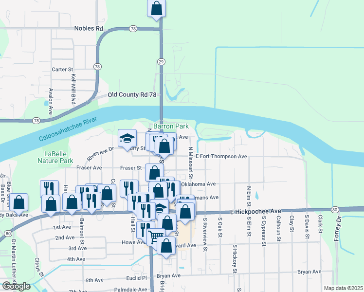 map of restaurants, bars, coffee shops, grocery stores, and more near 240 Park Avenue in LaBelle