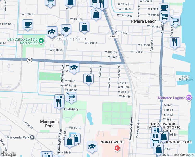 map of restaurants, bars, coffee shops, grocery stores, and more near 800 West 5th Street in West Palm Beach