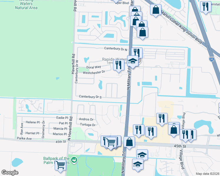 map of restaurants, bars, coffee shops, grocery stores, and more near 2522 Timber Run East in Riviera Beach