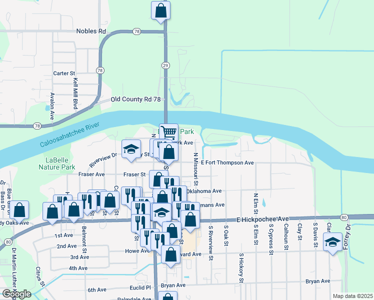 map of restaurants, bars, coffee shops, grocery stores, and more near 240 Park Avenue in LaBelle