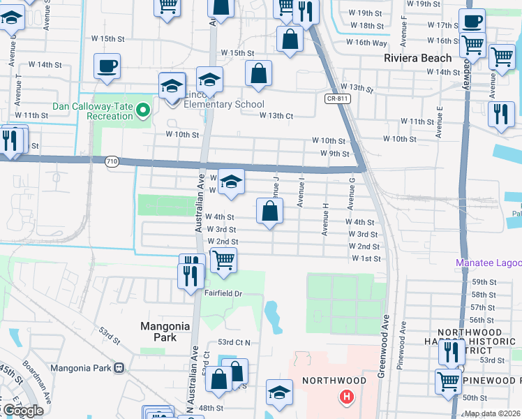 map of restaurants, bars, coffee shops, grocery stores, and more near 958 West 5th Street in West Palm Beach