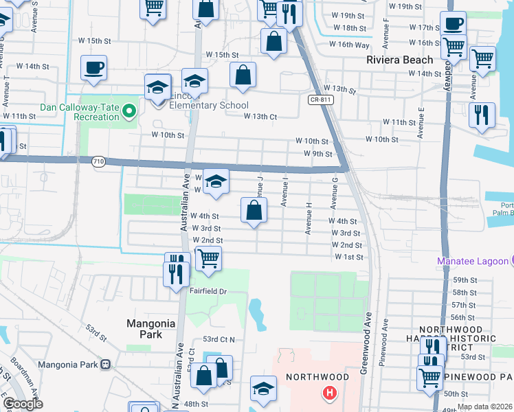 map of restaurants, bars, coffee shops, grocery stores, and more near 900 West 5th Street in West Palm Beach