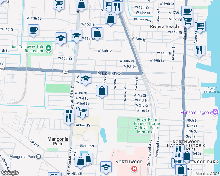 map of restaurants, bars, coffee shops, grocery stores, and more near 824 West 5th Street in West Palm Beach