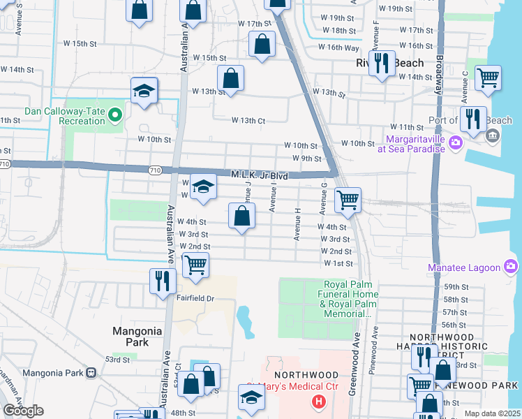 map of restaurants, bars, coffee shops, grocery stores, and more near 824 West 5th Street in West Palm Beach