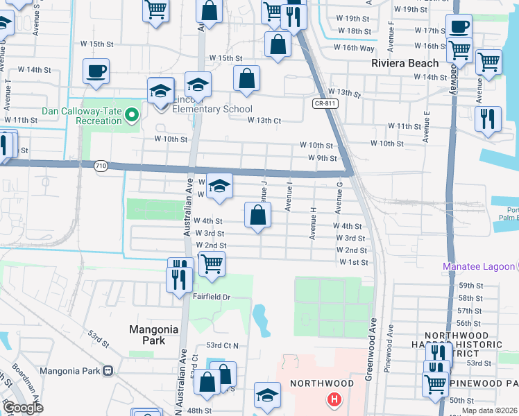 map of restaurants, bars, coffee shops, grocery stores, and more near 900 West 5th Street in West Palm Beach