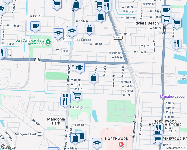 map of restaurants, bars, coffee shops, grocery stores, and more near 900 West 5th Street in West Palm Beach