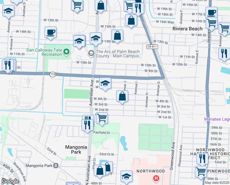 map of restaurants, bars, coffee shops, grocery stores, and more near 958 West 5th Street in West Palm Beach