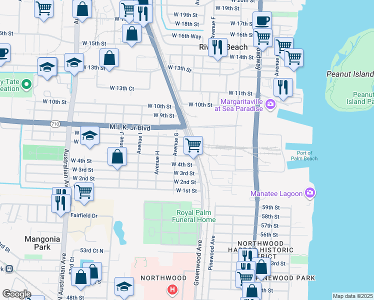 map of restaurants, bars, coffee shops, grocery stores, and more near 555 West 6th Street in Riviera Beach