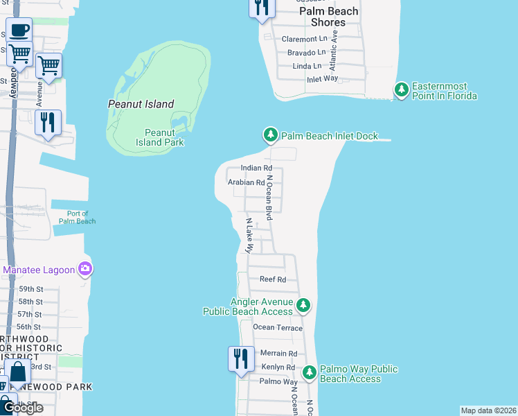 map of restaurants, bars, coffee shops, grocery stores, and more near 215 Mediterranean Road in Palm Beach