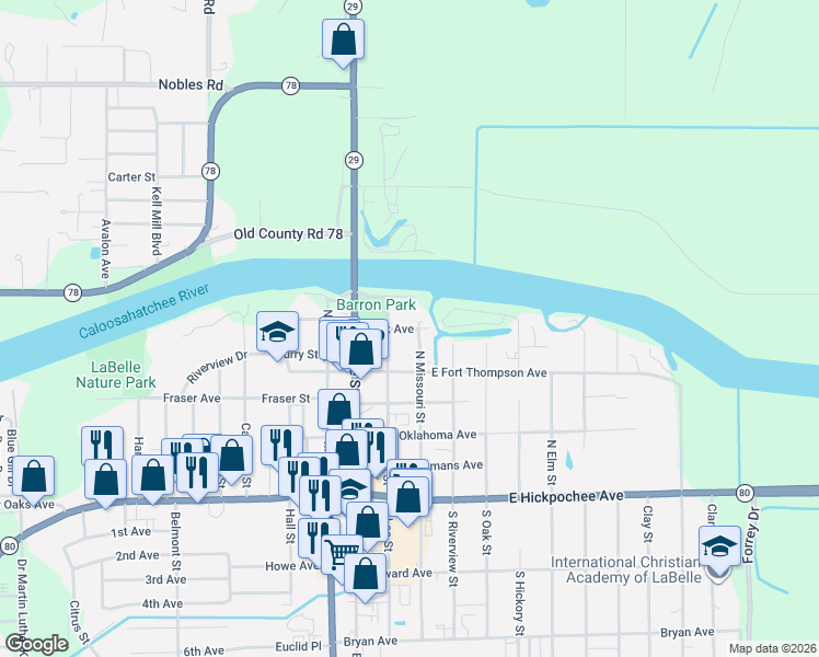 map of restaurants, bars, coffee shops, grocery stores, and more near 240 Park Avenue in LaBelle
