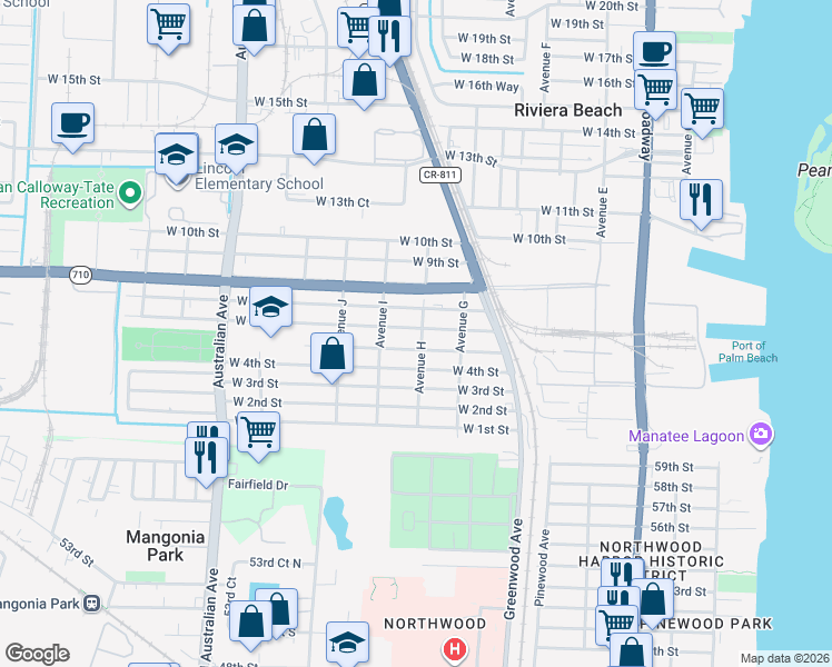 map of restaurants, bars, coffee shops, grocery stores, and more near 709 West 6th Street in Riviera Beach