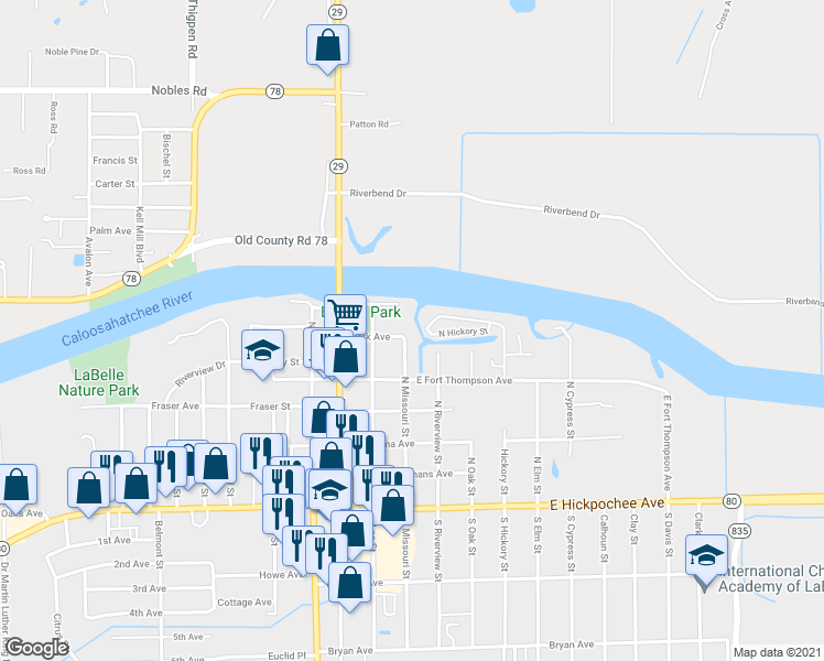 map of restaurants, bars, coffee shops, grocery stores, and more near 240 Park Avenue in LaBelle