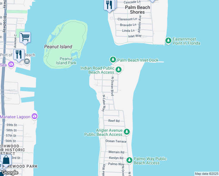 map of restaurants, bars, coffee shops, grocery stores, and more near 206 Caribbean Road in Palm Beach