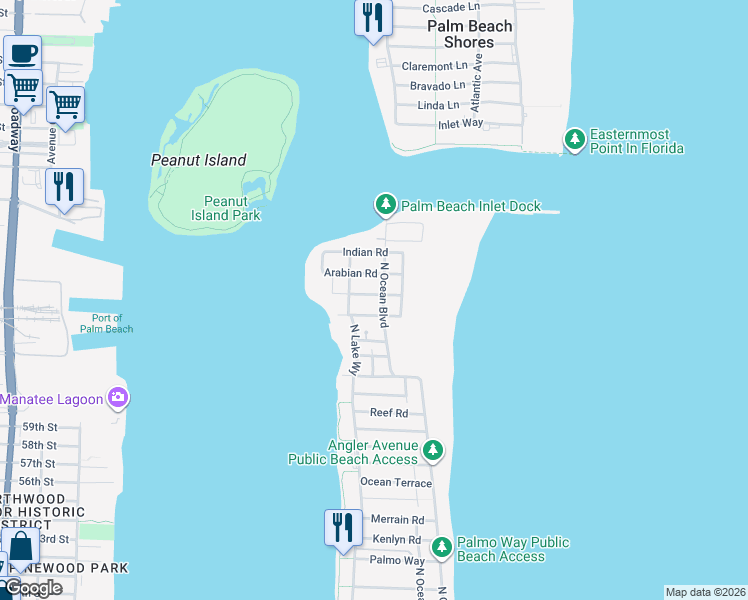 map of restaurants, bars, coffee shops, grocery stores, and more near 206 Caribbean Road in Palm Beach