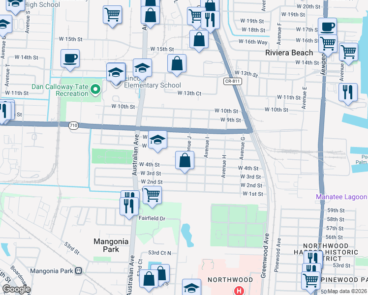 map of restaurants, bars, coffee shops, grocery stores, and more near 900 West 5th Street in West Palm Beach