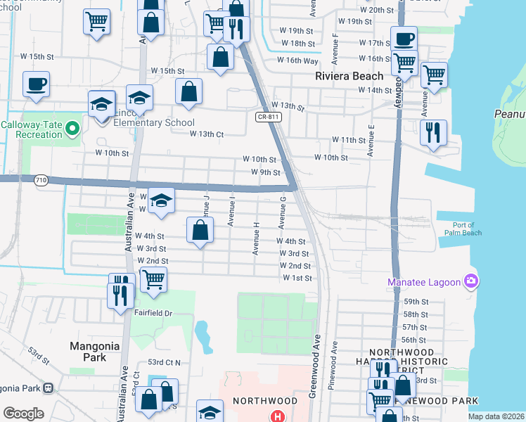 map of restaurants, bars, coffee shops, grocery stores, and more near 709 West 6th Street in Riviera Beach