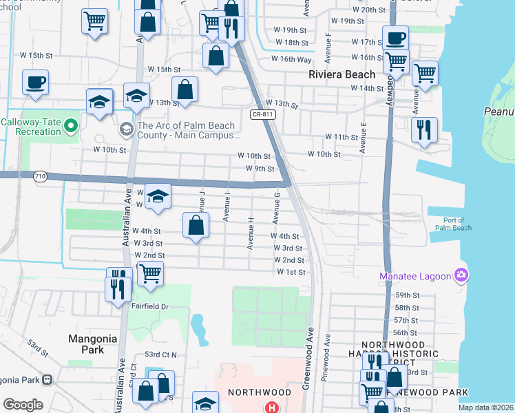map of restaurants, bars, coffee shops, grocery stores, and more near 709 West 6th Street in Riviera Beach