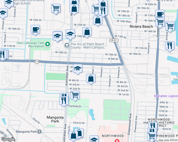 map of restaurants, bars, coffee shops, grocery stores, and more near 928 West 6th Street in West Palm Beach