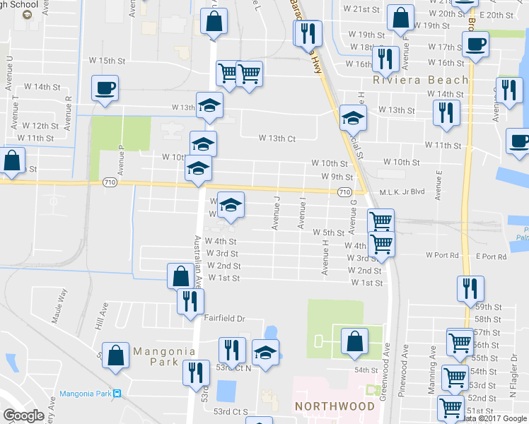 map of restaurants, bars, coffee shops, grocery stores, and more near 928 West 6th Street in West Palm Beach