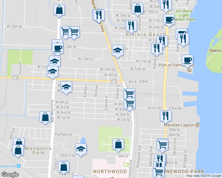 map of restaurants, bars, coffee shops, grocery stores, and more near 641 West 7th Street in Riviera Beach