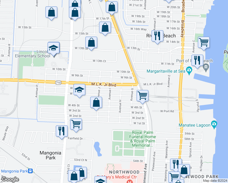 map of restaurants, bars, coffee shops, grocery stores, and more near 749 Michigan Avenue in West Palm Beach