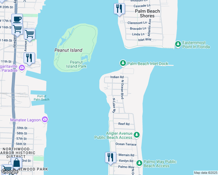 map of restaurants, bars, coffee shops, grocery stores, and more near 323 Arabian Road in Palm Beach