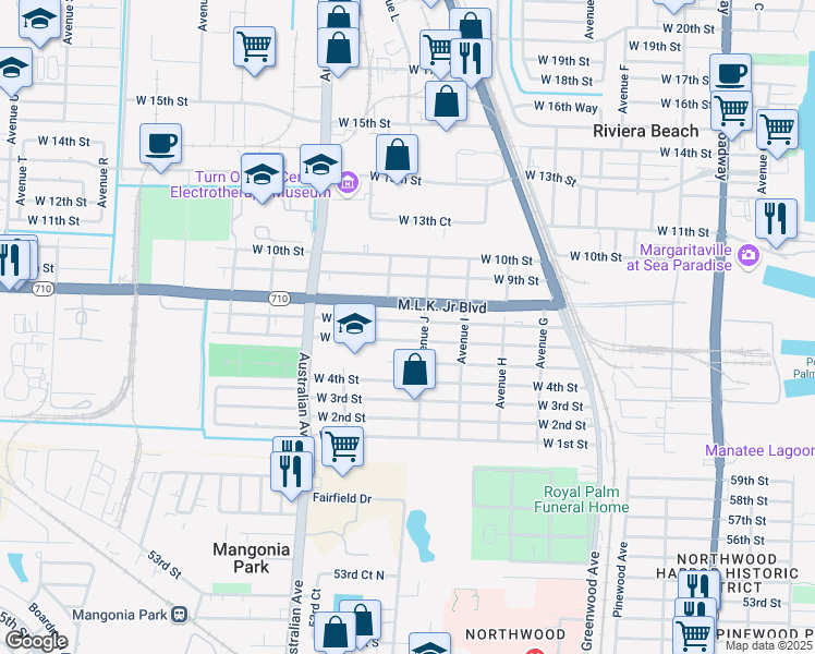 map of restaurants, bars, coffee shops, grocery stores, and more near 735 Avenue J in West Palm Beach