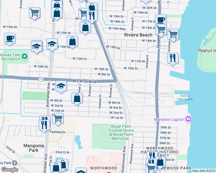 map of restaurants, bars, coffee shops, grocery stores, and more near 619 Doctor Martin Luther King Junior Boulevard in West Palm Beach