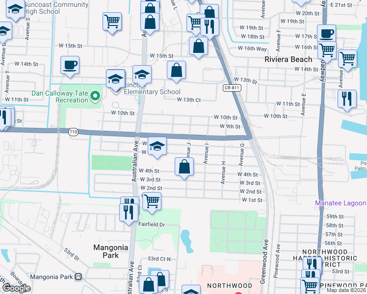 map of restaurants, bars, coffee shops, grocery stores, and more near 735 Avenue J in West Palm Beach