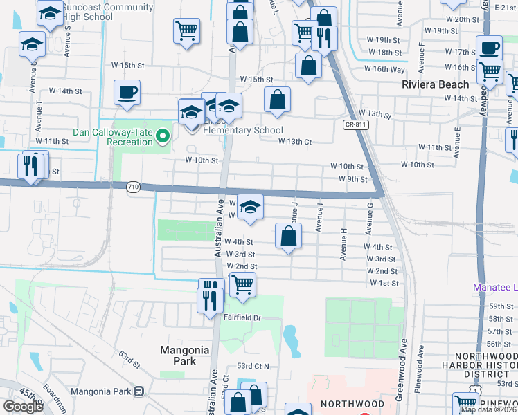 map of restaurants, bars, coffee shops, grocery stores, and more near 1025 West 7th Street in Riviera Beach