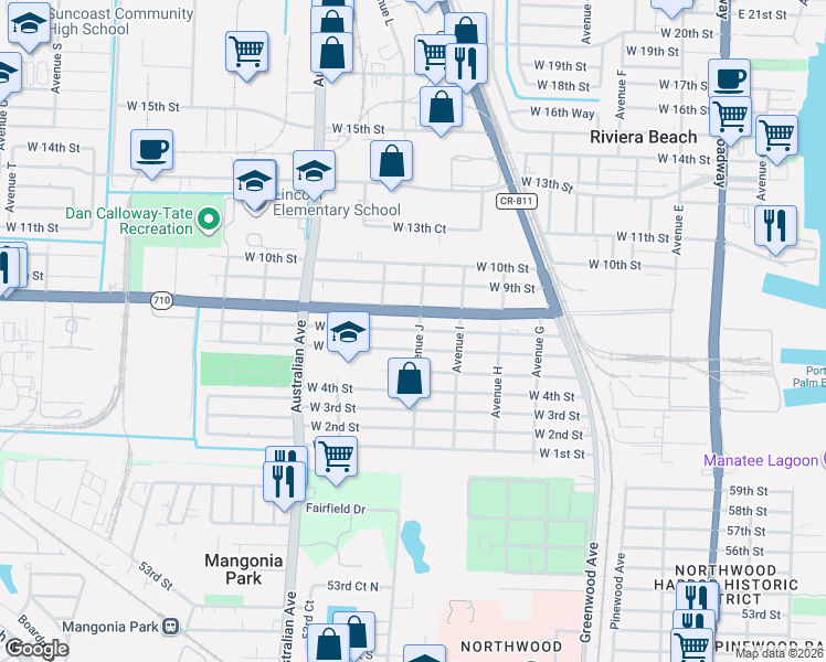 map of restaurants, bars, coffee shops, grocery stores, and more near 735 Avenue J in West Palm Beach