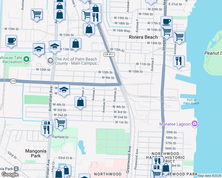 map of restaurants, bars, coffee shops, grocery stores, and more near 628 West 7th Street in Riviera Beach