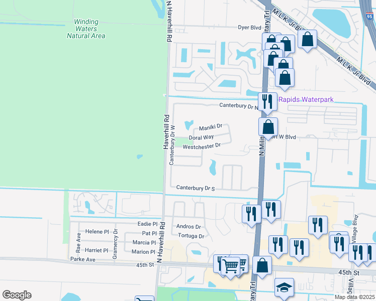 map of restaurants, bars, coffee shops, grocery stores, and more near 2551 Westchester Drive in Riviera Beach